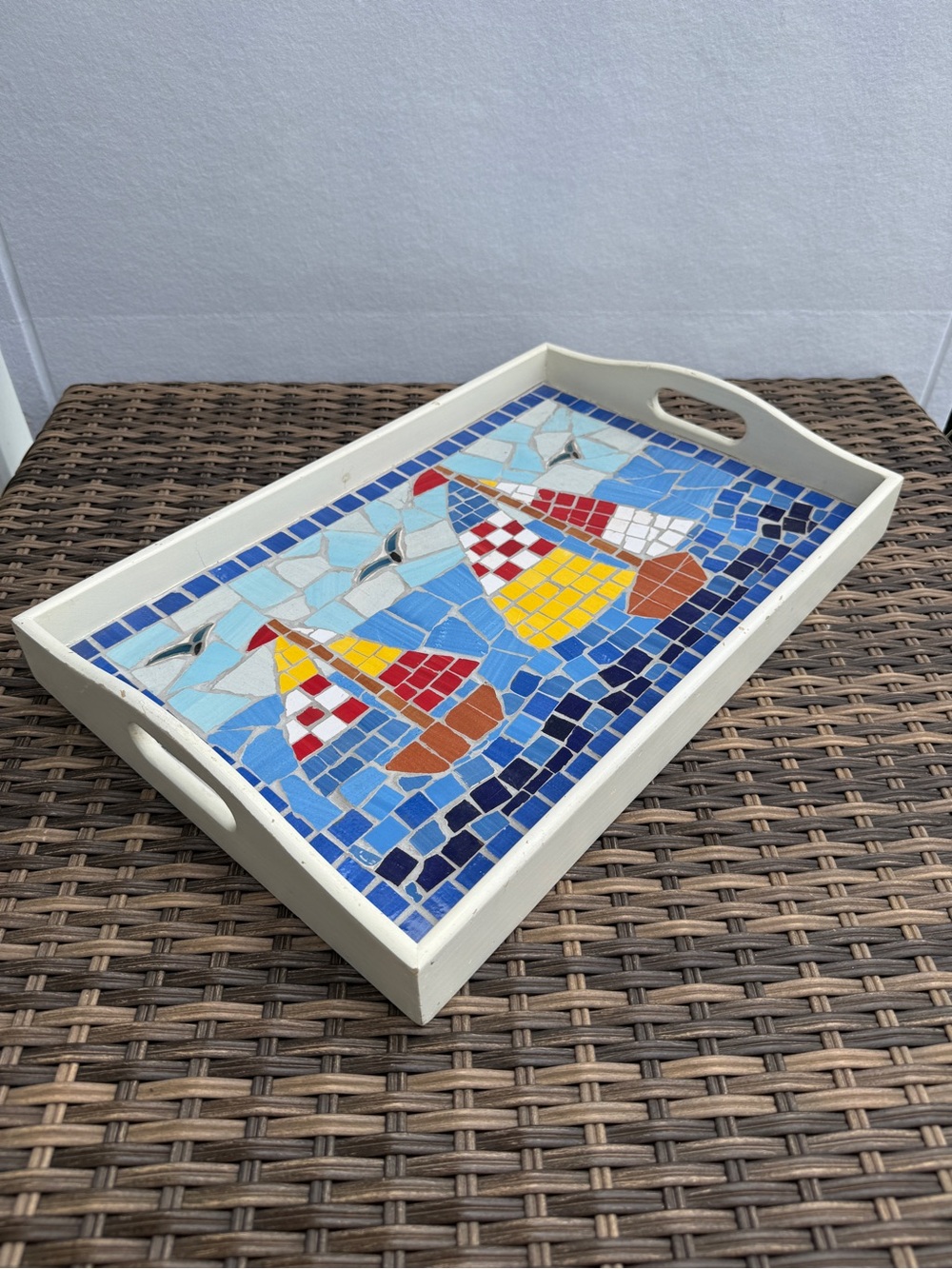 Handmade Mosaic Sailboat Serving Tray Wooden Coastal Nautical Decorative 19x12